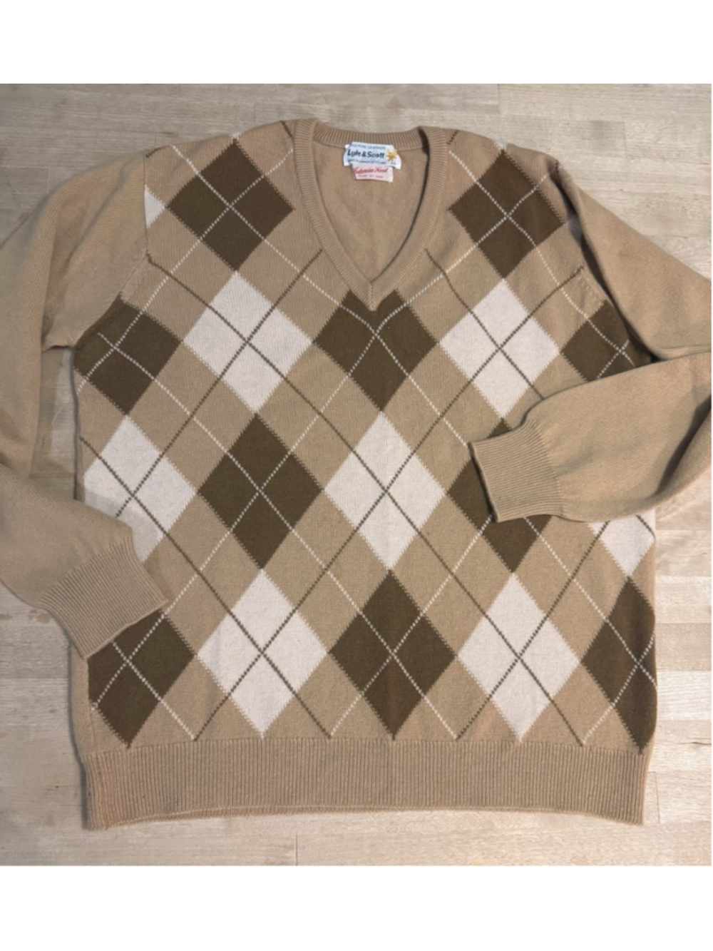 Lyle & Scott Men's V-Neck Argyle Cashmere Hand Knit Sweater Jumper 44/L Tan Brwn